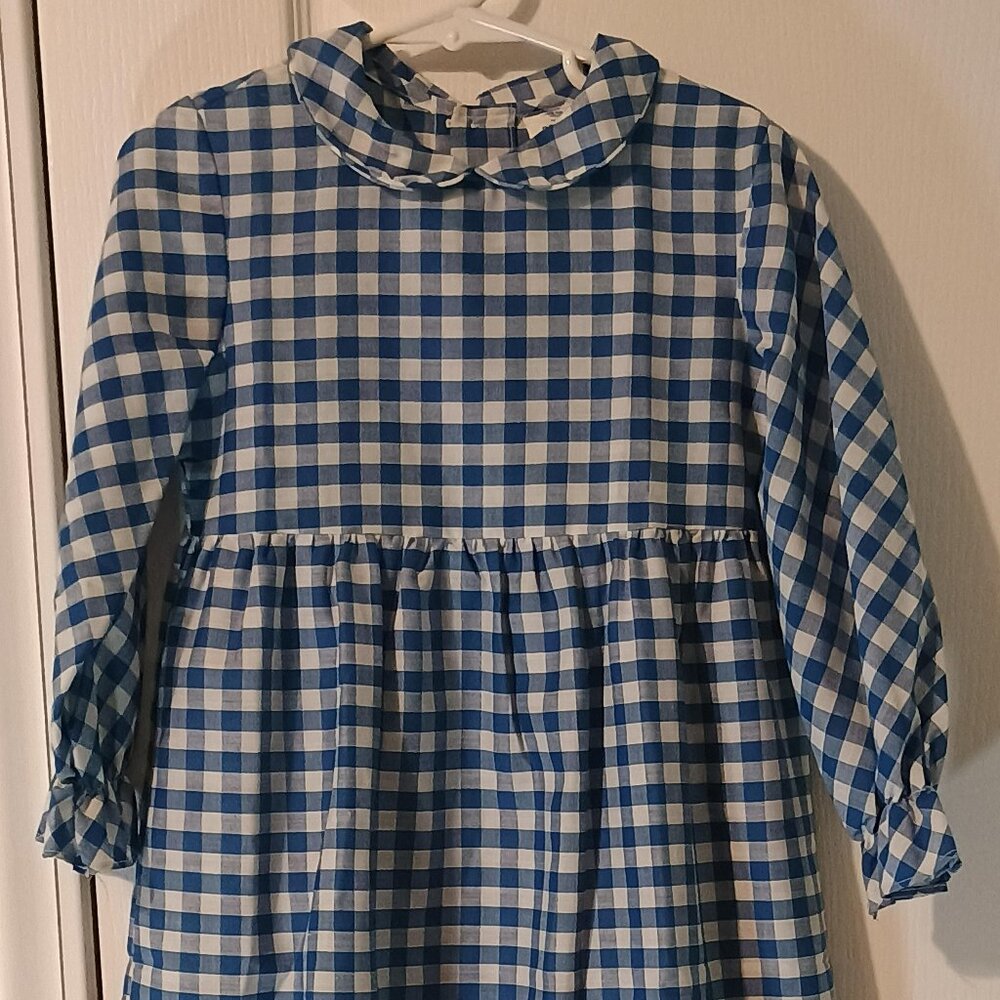 Polly Flinders Vintage Prairie Dress Girls 5 Blue Gingham Peter Pan Collar